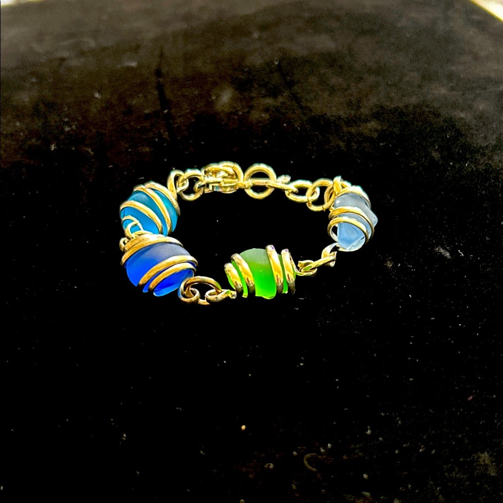 Elegant Silver and Blue Sea Glass Bracelet New, comes with box.